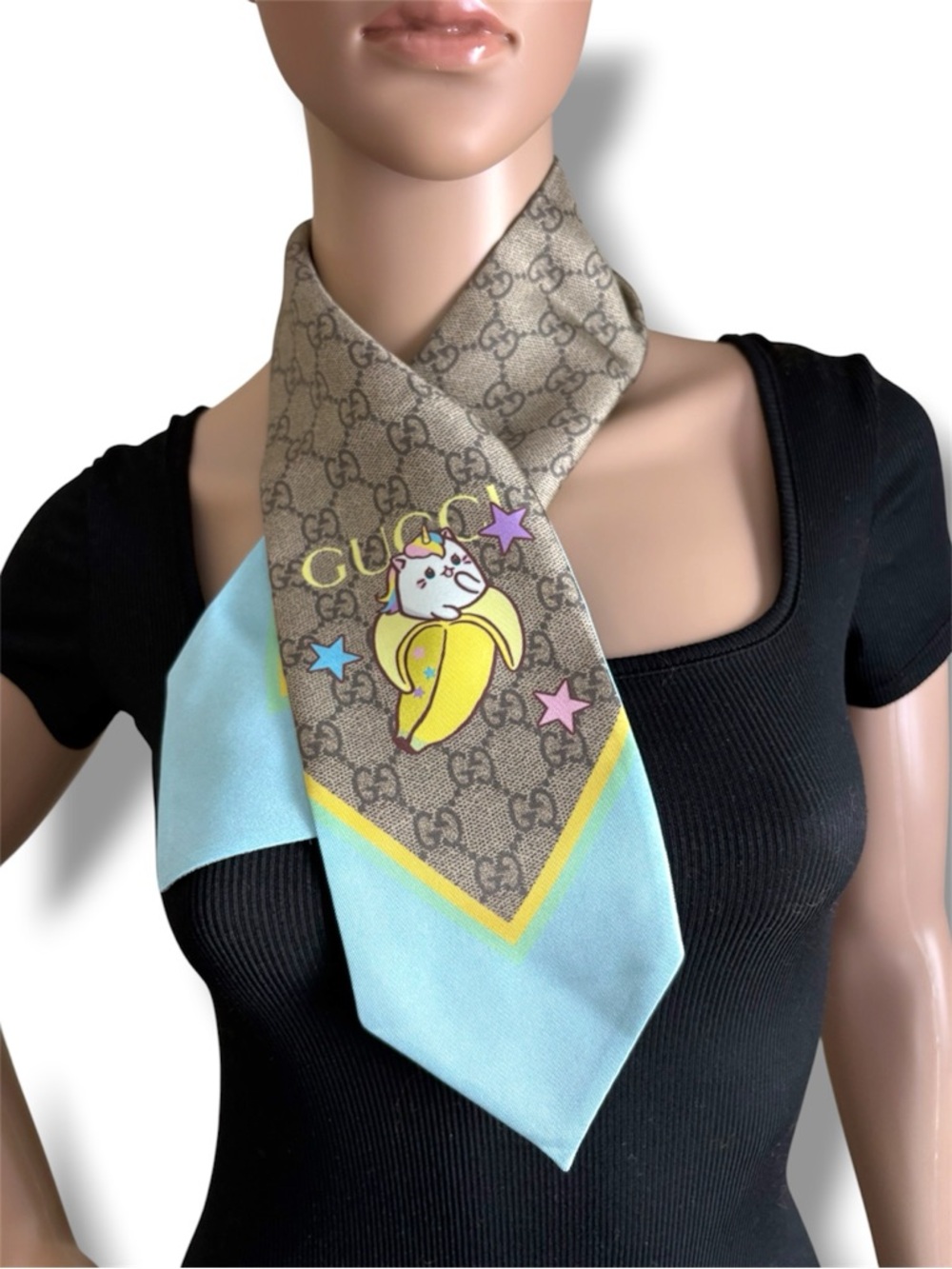 Gucci Brown & Light Blue Silk Monogram Scarf with Banana Graphic